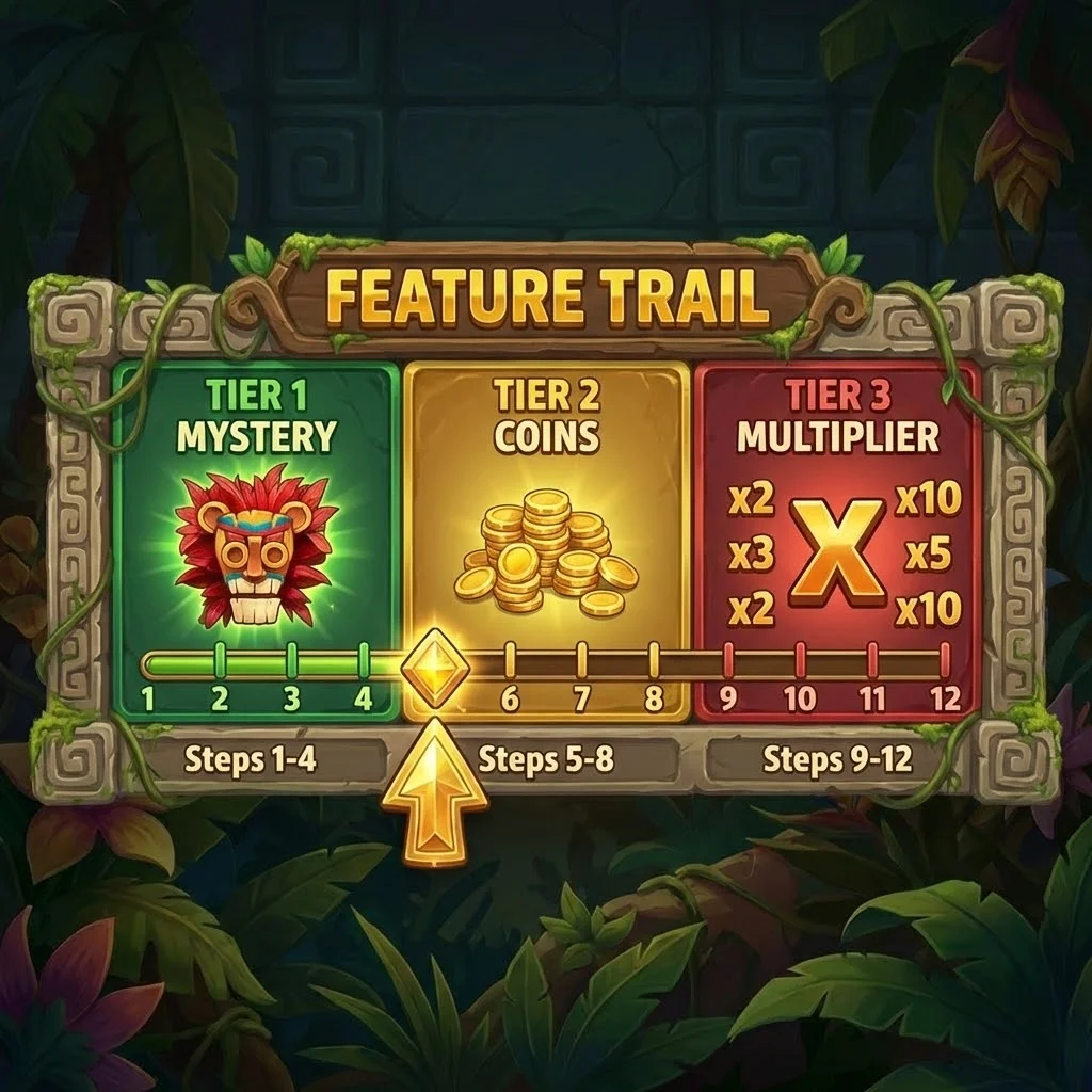Beast Gains Feature Trail progression bar — Tier 1 Mystery, Tier 2 Coins, Tier 3 Multiplier